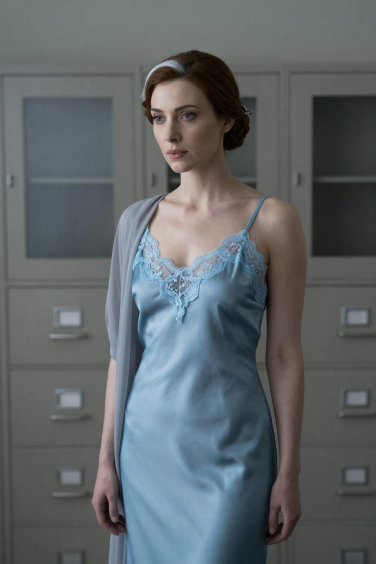 FuliTen archive muse in a slate-blue silk slip dress with ice-blue lace and a sheer slate wrap, standing between steel filing cabinets